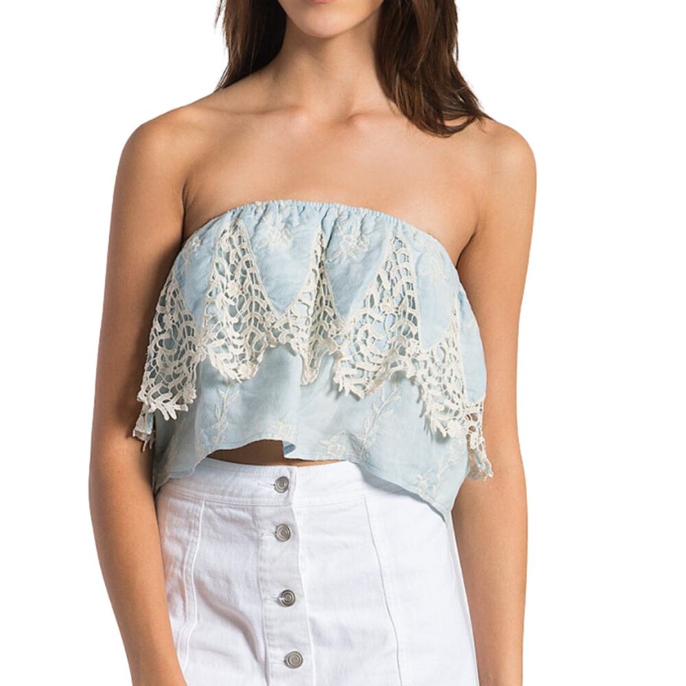 Sans Souci Baby Blue Embroidered Lace Tube Top Medium Boho Festival